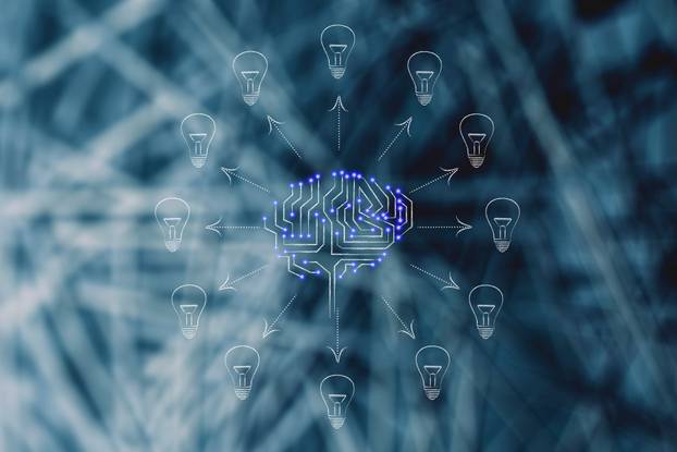 circuit brain with ideas (lightbulbs) coming out of it