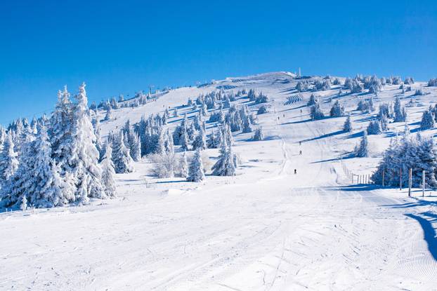 Vibrant panorama of the slope at ski resort Kopaonik, Serbia, people skiing, snow trees, blue sky