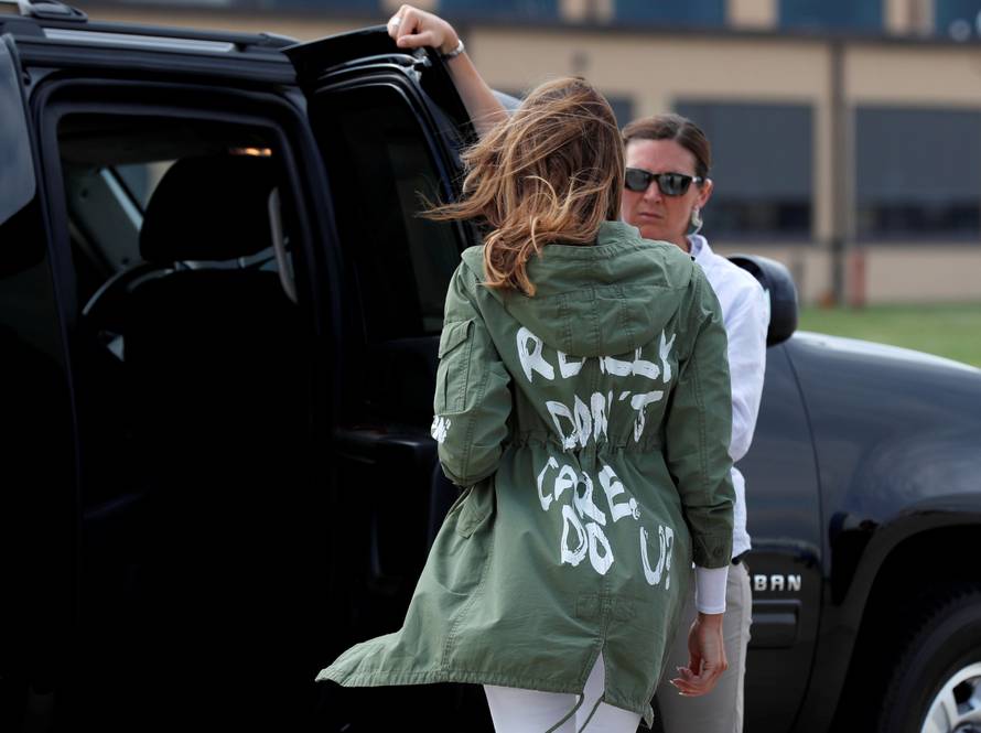 U.S. first lady Melania Trump arrives back in Washington from Texas wearing "I Don't Care. Do U?" jacket at Joint Base Andrews, Maryland