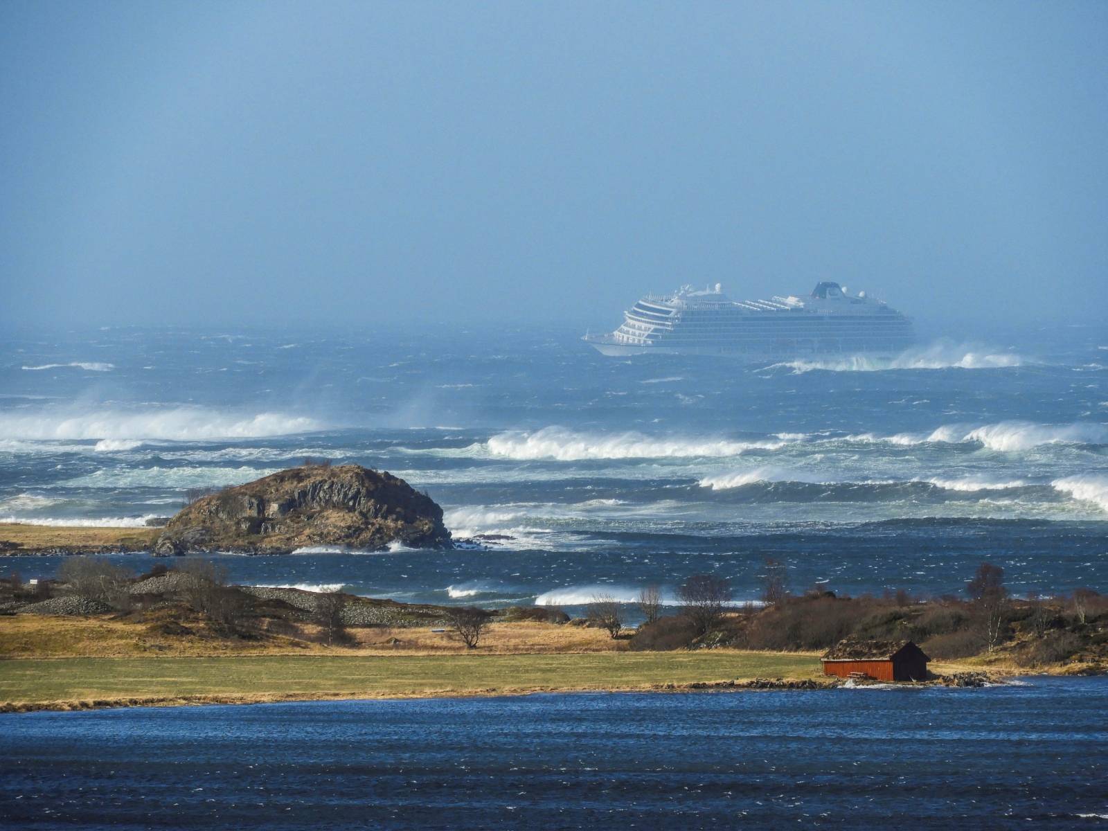 A cruise ship Viking Sky drifts towards land after an engine failure in Hustadvika