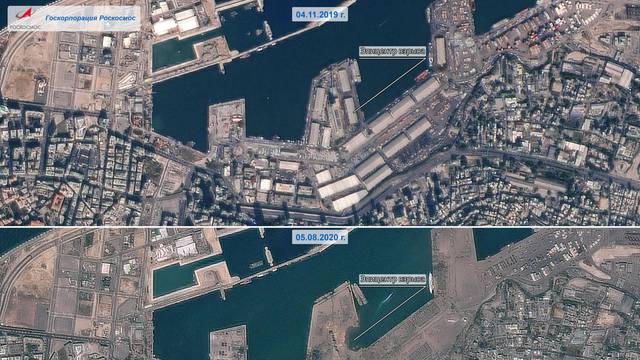 FILE PHOTO: A combination of satellite images shows the area before and after a massive explosion in Beirut