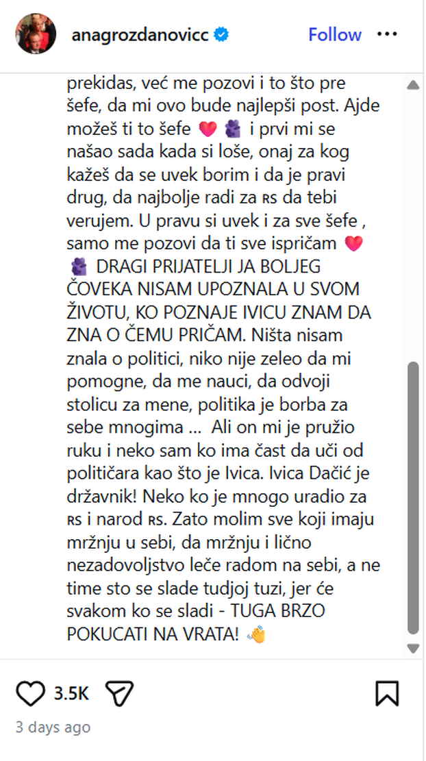 Dačićeva Anči je tužna: Šefe, ne spavam dok se ne oglasiš! Ajde probudi se. Ne  mogu više...