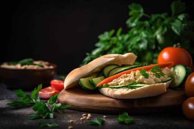 hummus and pita bread sandwich with fresh vegetables and herbs