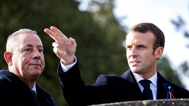 French President Emmanuel Macron Emmanuel Macron and the Mayor of Les Eparges Xavier Pierson visit the Point X monument in Les Eparges