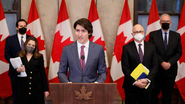Canada's Prime Minister Justin Trudeau takes part in a news conference on Parliament Hill in Ottawa