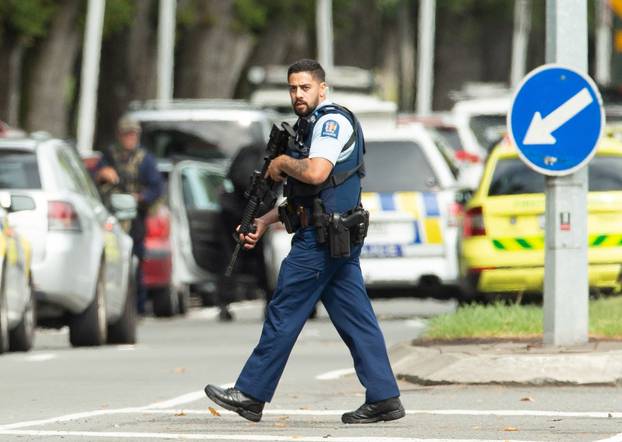 Armed police following a shooting at the Al Noor mosque in Christchurch