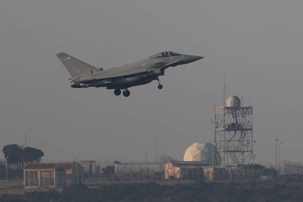 A French fighter jet prepares to land at RAF Akrotiri, a military base Britain maintains on Cyprus