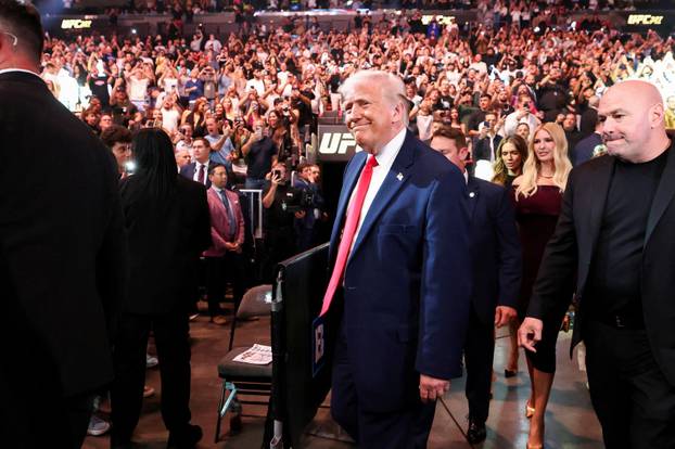 U.S. President Donald Trump attends the UFC 327 event at Kaseya Center in Miami