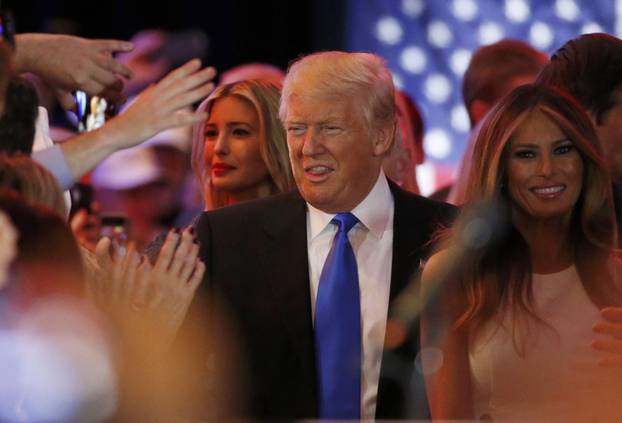 Republican U.S. presidential candidate and businessman Donald Trump arrives to speak to supporters following the results of the Indiana state primary at Trump Tower in Manhattan, New York