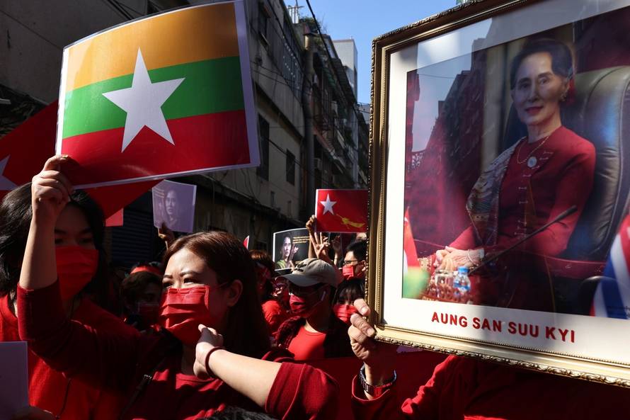 Members of the Burmese community in Taipei protest against the Myanmar military coup in Little Burma, home to many of Taiwan's Burmese immigrants, in Taipei