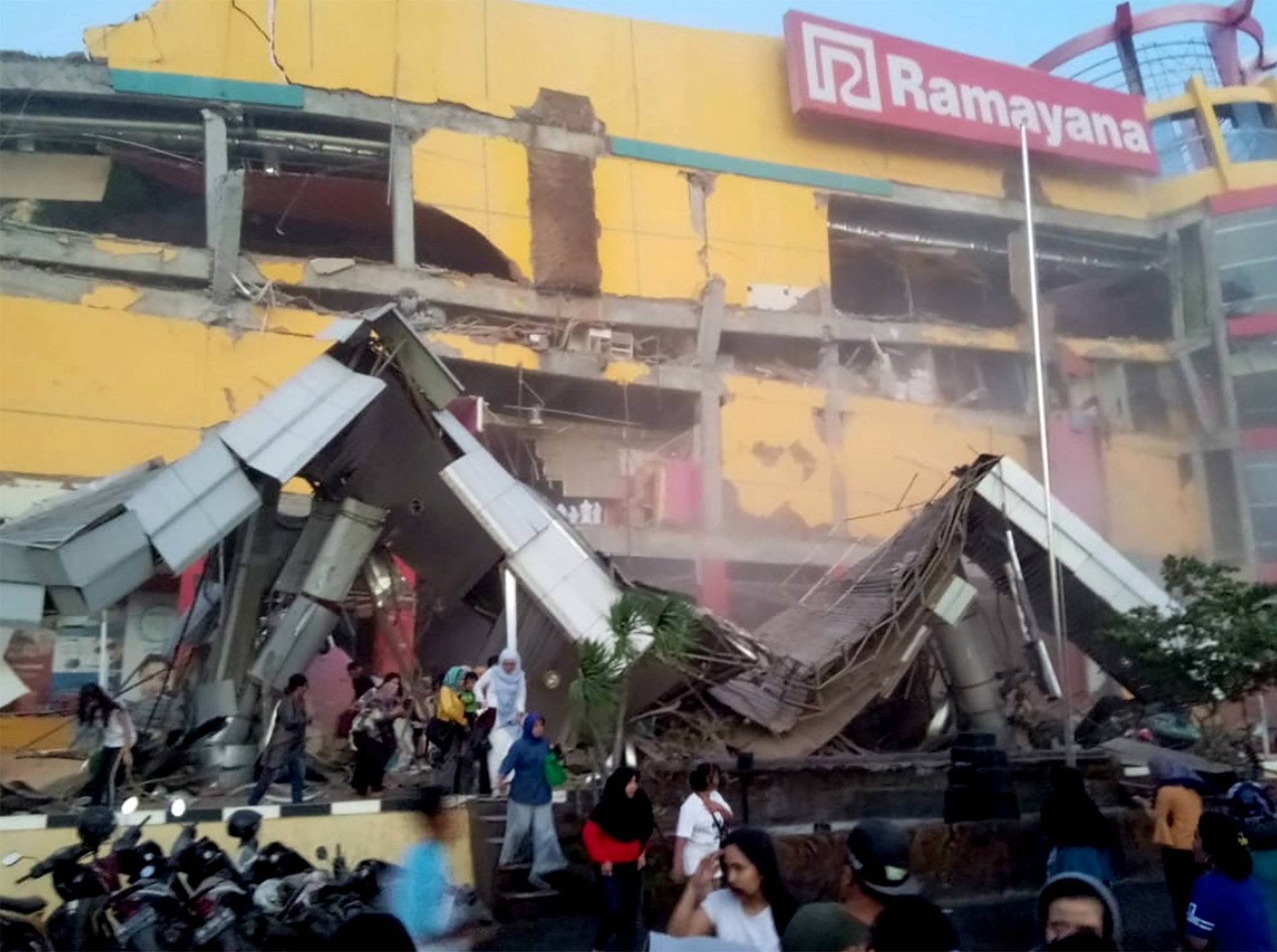 A shopping center heavily damaged following an earthquake in Palu, Central Sulawesi