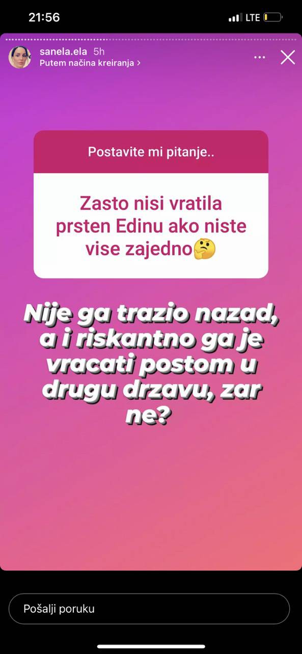 Sanela iz 'Braka na prvu' nije vratila Edinu prsten: 'Nije ga tražio nazad, riskantno je slati'