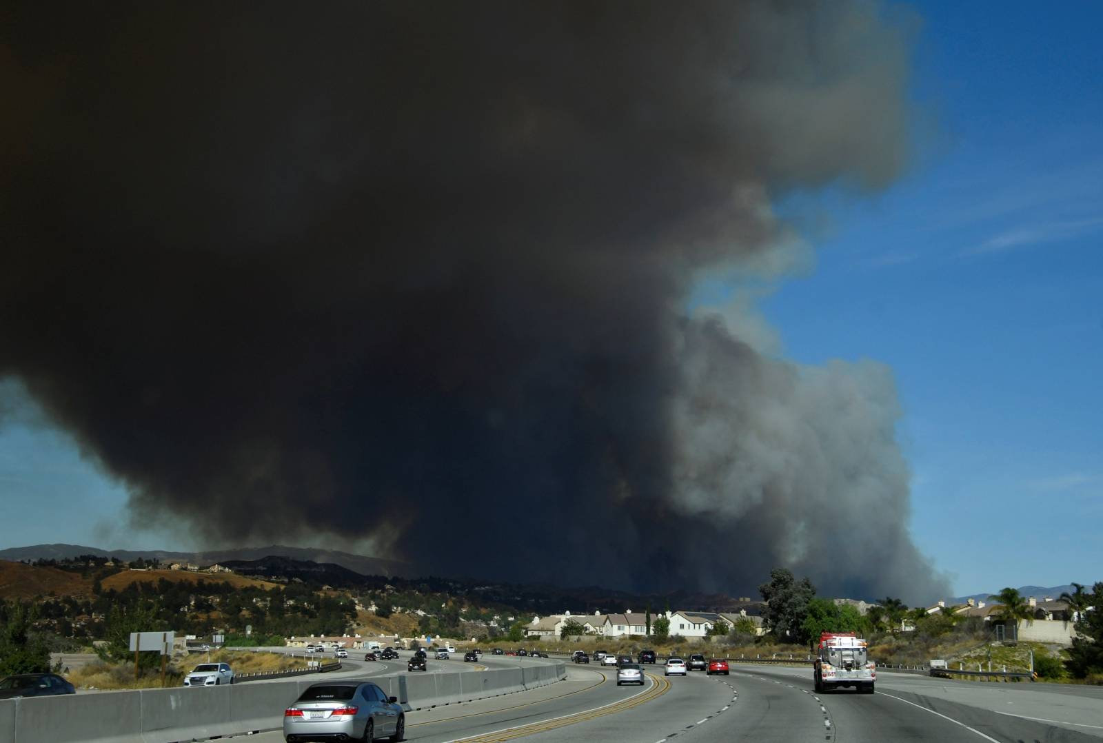 A wind driven wildfire in the hills of Canyon Country north of Los Angeles, California