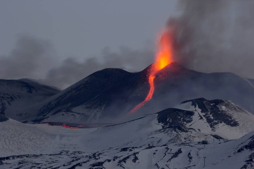 Nicolosi, Mount Etna erupting. The south east crater colors the nights of Catania