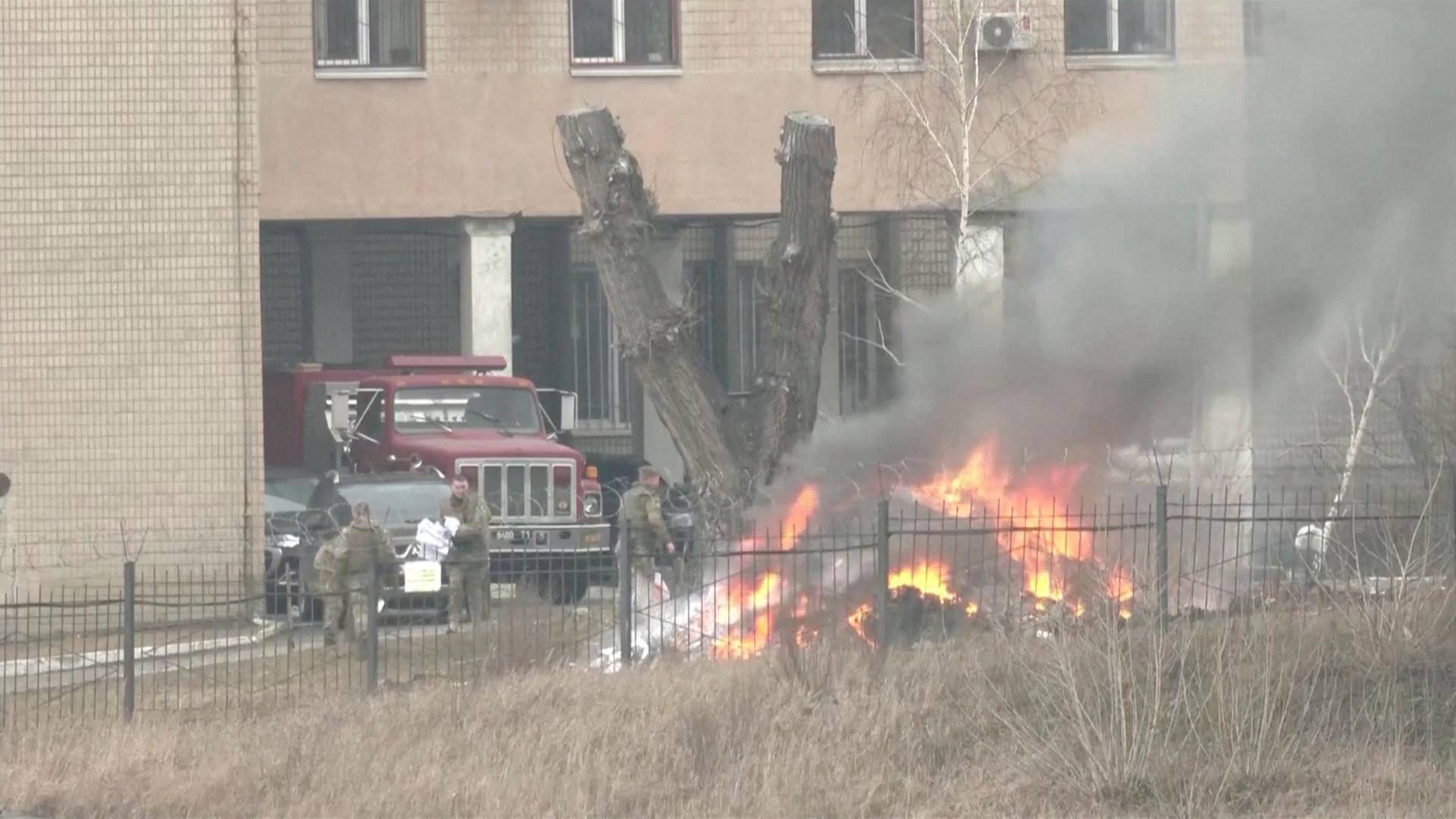 Smoke rises from fire outside intelligence building, in Kyiv