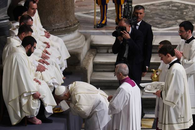 Pope Leo XIV leads the Holy Thursday Mass at the Basilica di San Giovanni in Laterano (Basilica of St. John Lateran) in Rome