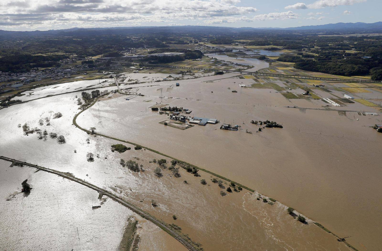 An aerial view shows areas flooded by the Abukuma river following Typhoon Hagibis in Tamagawa town