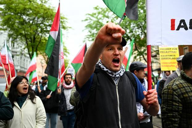 People attend a protest against Israel's participation in the Eurovision Song Contest