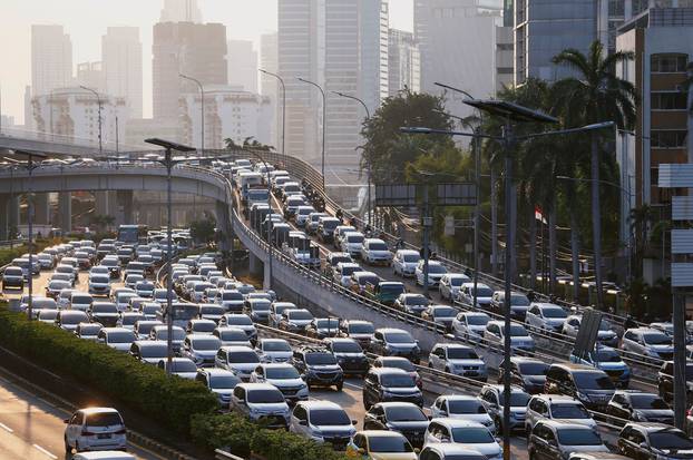 A general view of a traffic jam during large-scale social restrictions amid the coronavirus disease (COVID-19) outbreak in Jakarta
