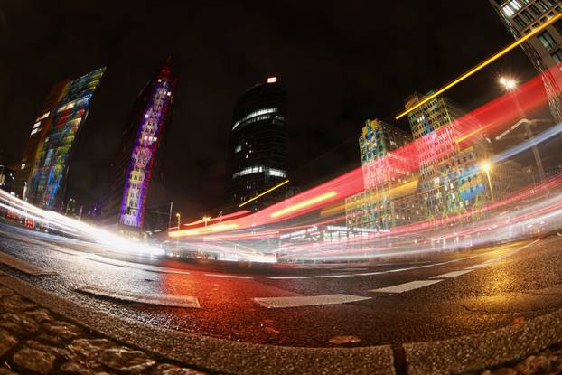 Buildings are illuminated at Potsdamer Platz during the Festival of Lights in Berlin