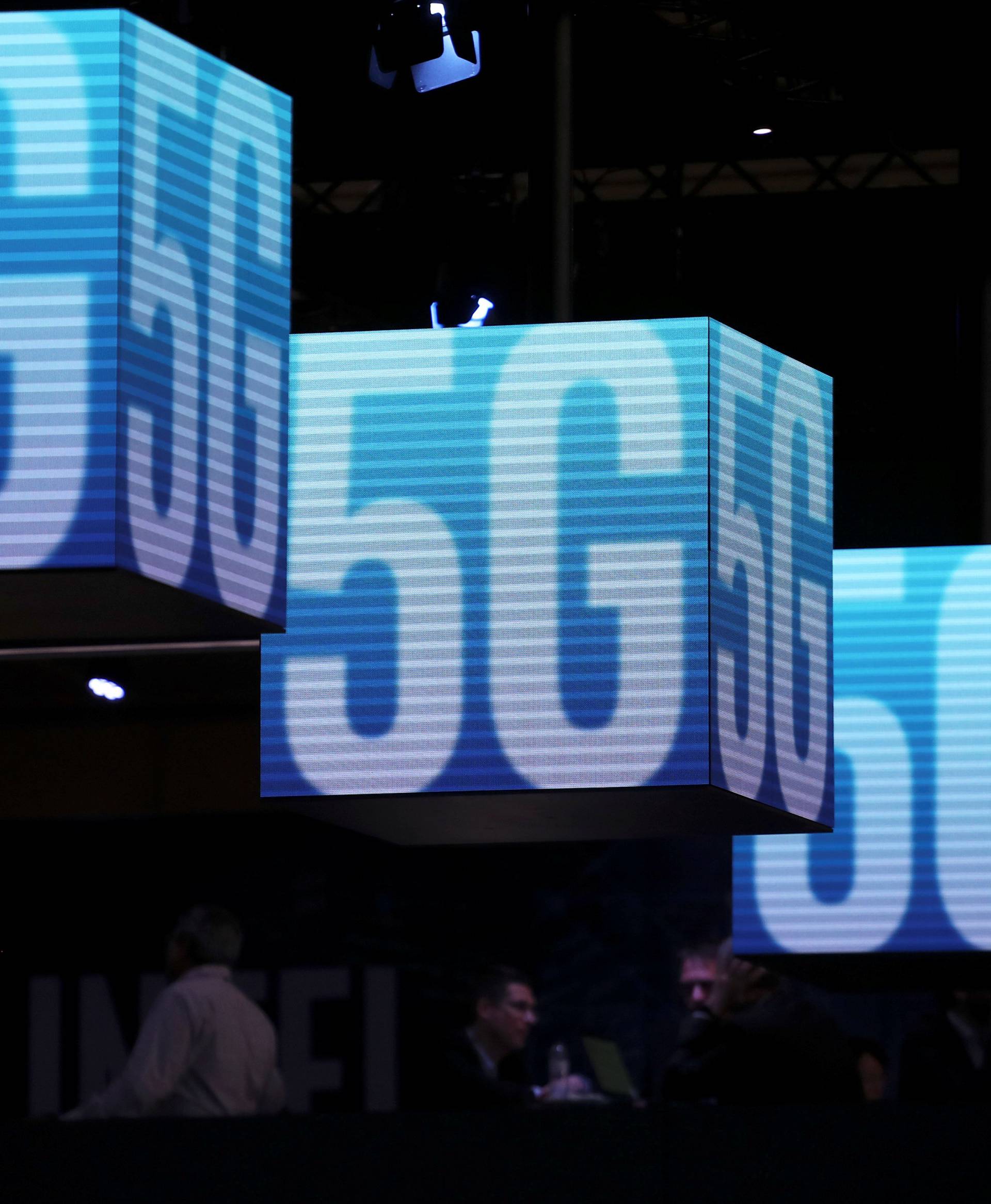 Hanging cubes display 5G logo at the Mobile World Congress in Barcelona