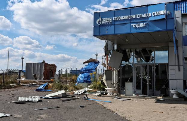 A view shows a damaged during recent fighting between Ukrainian and Russian forces building of gas metering station in Kursk region