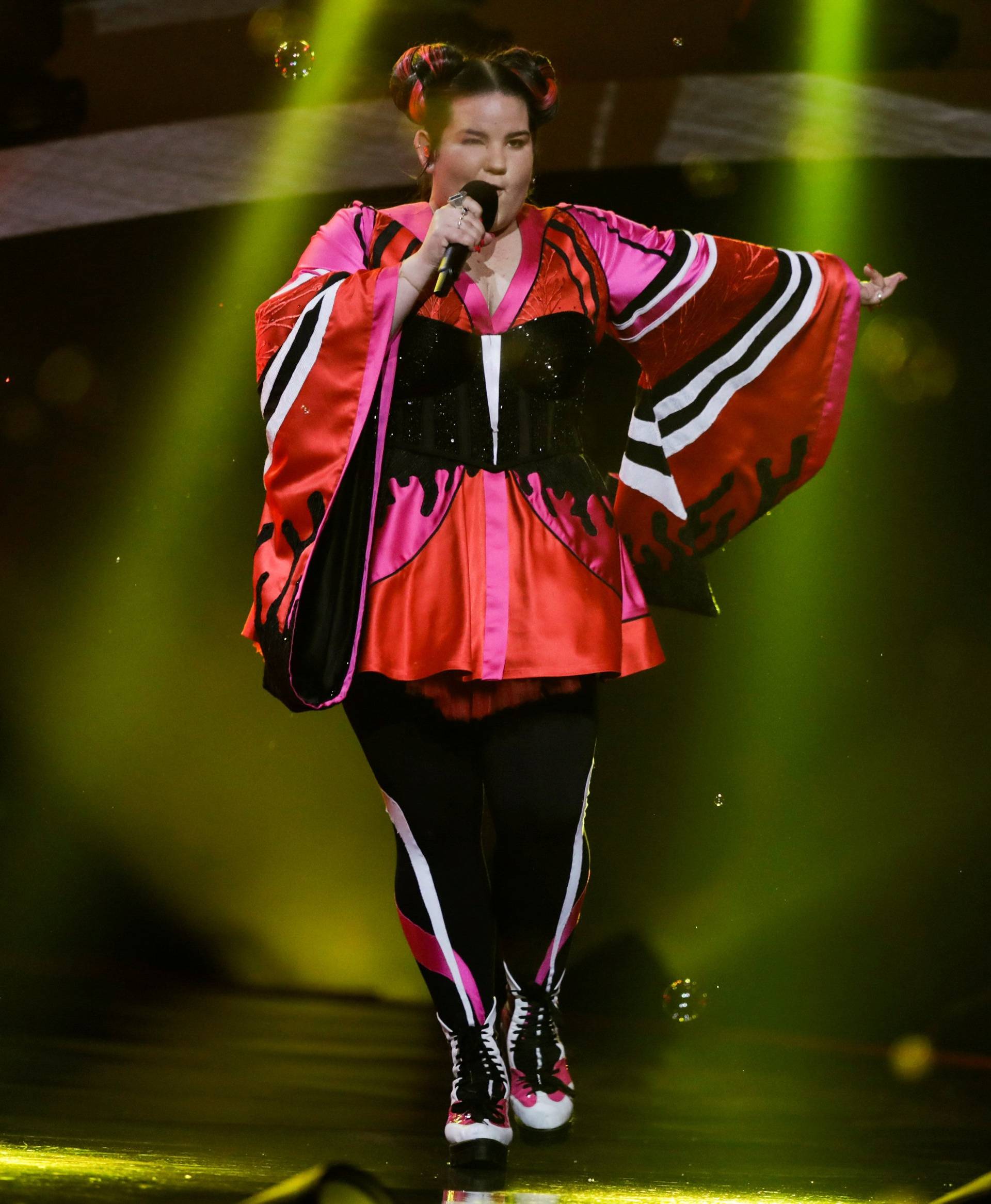 Israel's Netta performs "Toy" during the dress rehearsal for the Grand Final of the Eurovision Song Contest 2018 at the Alice Arena hall in Lisbon
