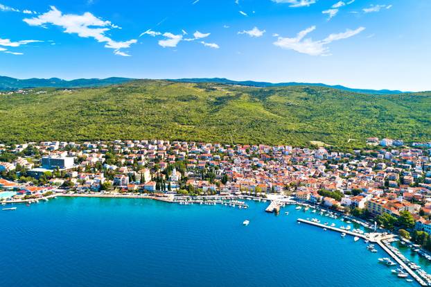 Tourist town of Selce waterfront aerial view