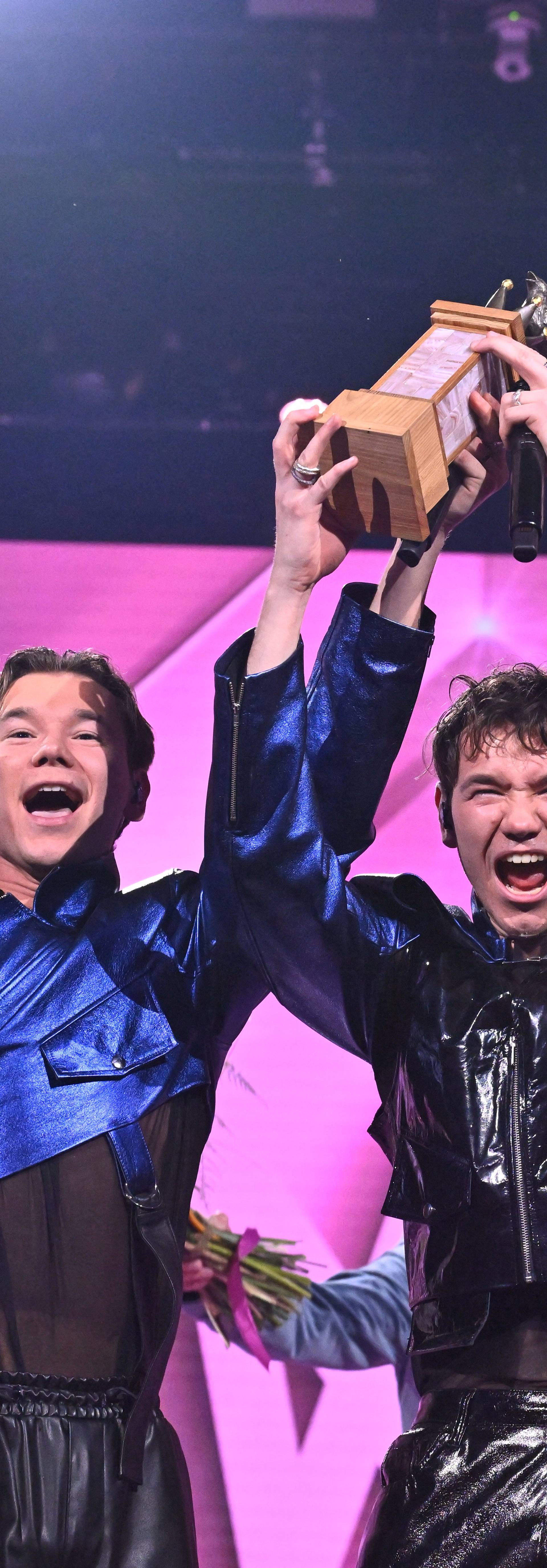 Marcus and Martinus celebrate winning the final of 'Melodifestivalen' at Friends Arena in Solna, Stockholm