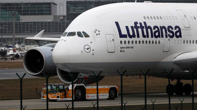 An Airbus A380 of German air carrier Lufthansa is seen at the airport in Frankfurt