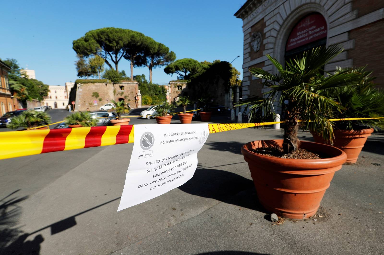 Police tape blocks the access to Villa Aurelia where the Duke and Duchess of Sussex, Prince Harry and his wife Meghan, are expected to attend the wedding of fashion designer Misha Nonoo, in Rome