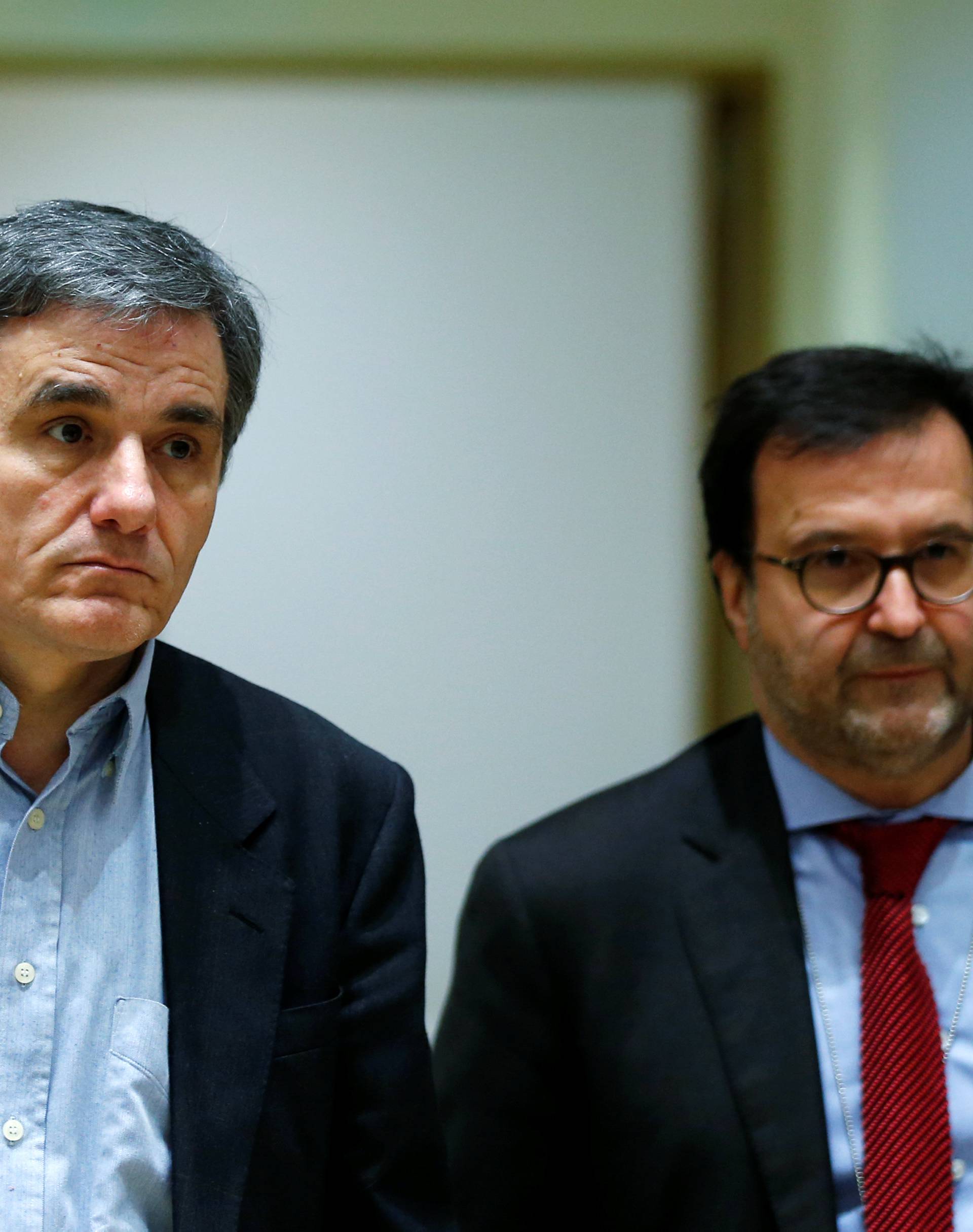 Greek Finance Minister Tsakalotos arrives at a eurozone finance ministers meeting in Brussels