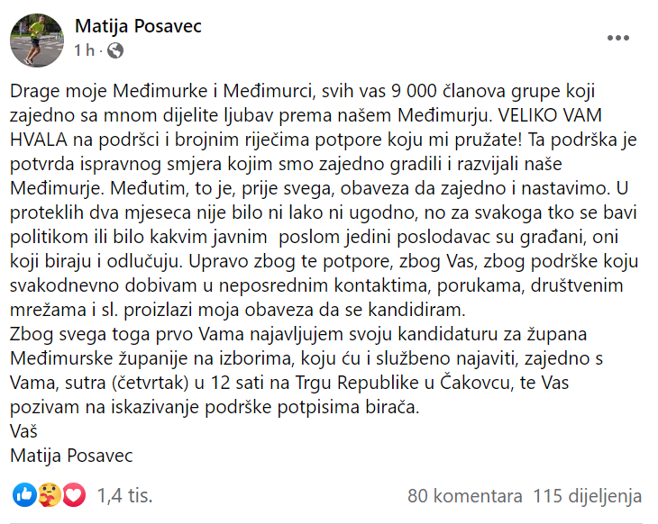 Posavec najavio kandidaturu za međimurskog župana: 'Moralno je, građani to očekuju od mene'