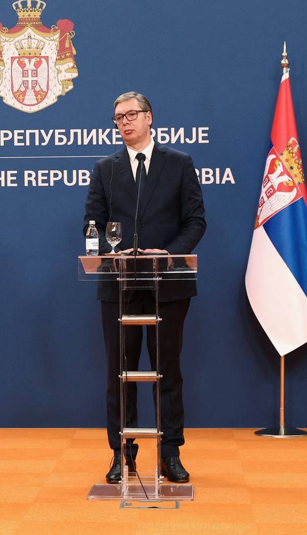 Czech Republic's Prime Minister Petr Fiala and Serbia's President Aleksandar Vucic attend a press conference in Belgrade
