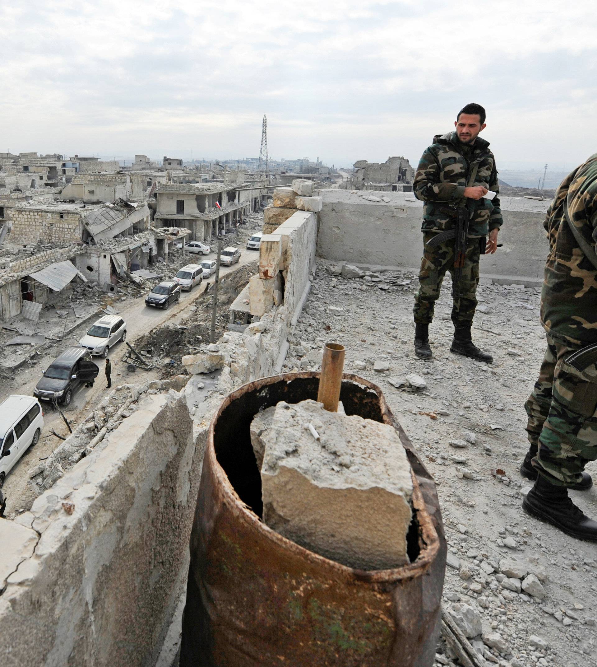 Forces loyal to Syria's President Bashar al-Assad stand atop of a building in the government held Sheikh Saeed district of Aleppo