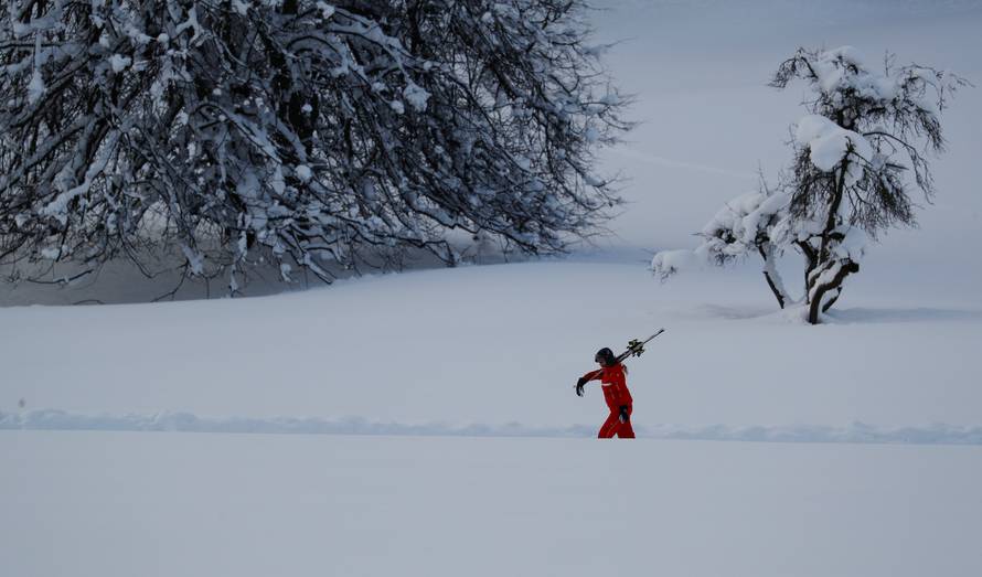 A skier walks past snow-covered trees after heavy snowfall in Flachau