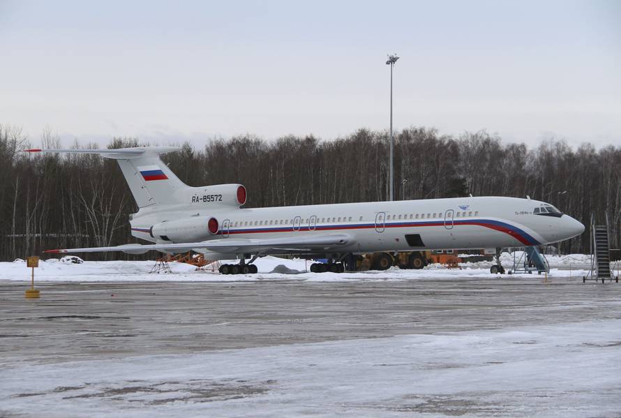 Tupolev Tu-154 stands on tarmac of Chkalovsky military airport north of Moscow