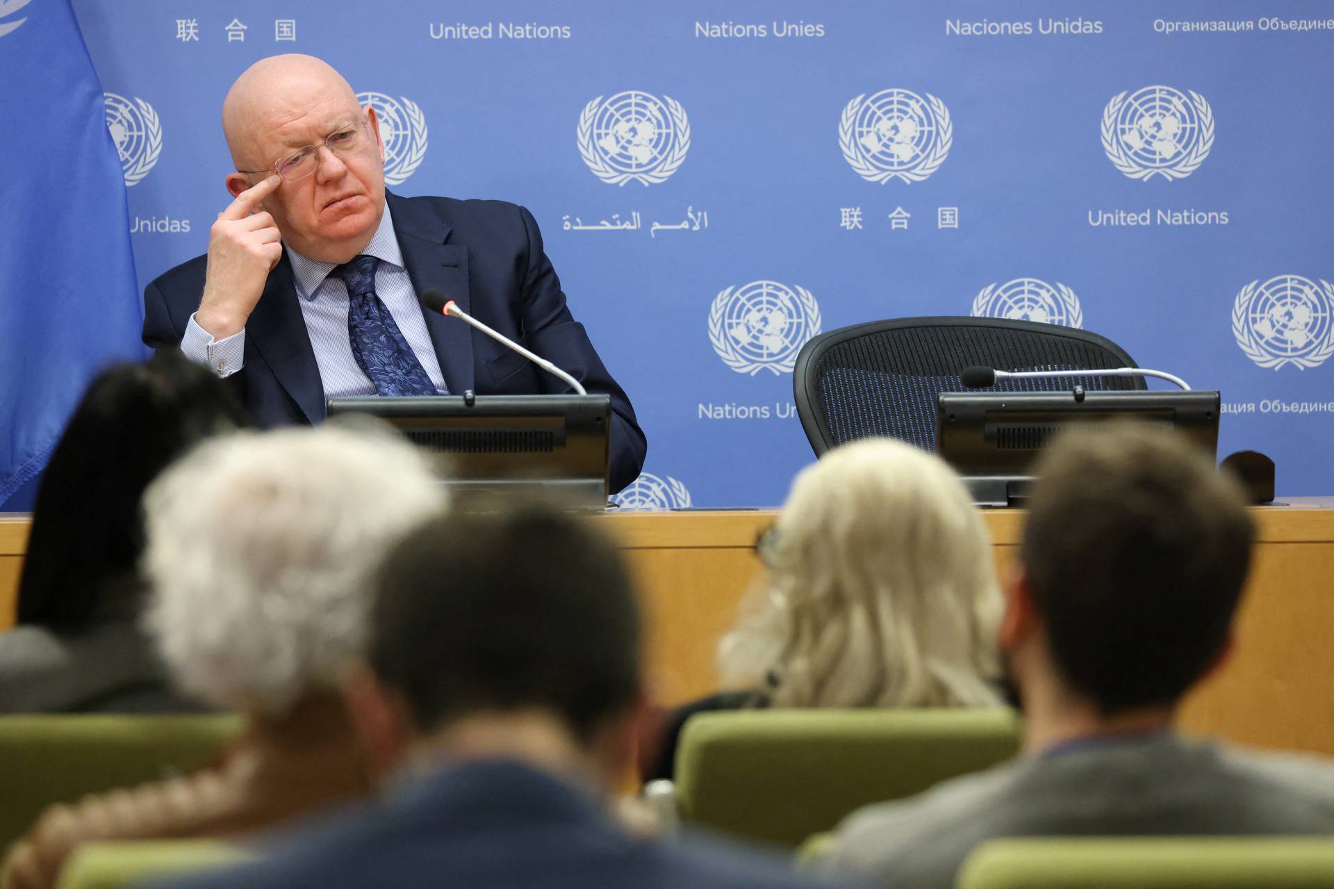 Russian Ambassador to the UN Vassily Nebenzia addresses journalists regarding the Russian invasion of Ukraine at the United Nations Headquarters in New York City