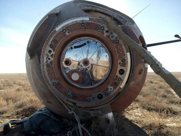 A view shows the Soyuz capsule transporting U.S. astronaut Hague and Russian cosmonaut Ovchinin after it made an emergency landing near Zhezkazgan