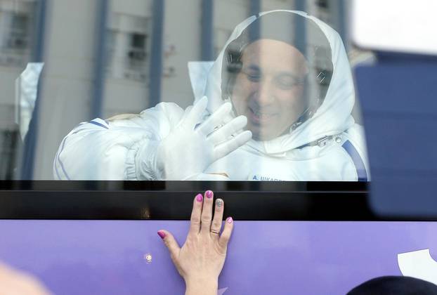 Roscosmos cosmonaut Anton Shkaplerov during the send-off ceremony after checking their space suits before the launch of the Soyuz MS-07 spacecraft at the Baikonur cosmodrome