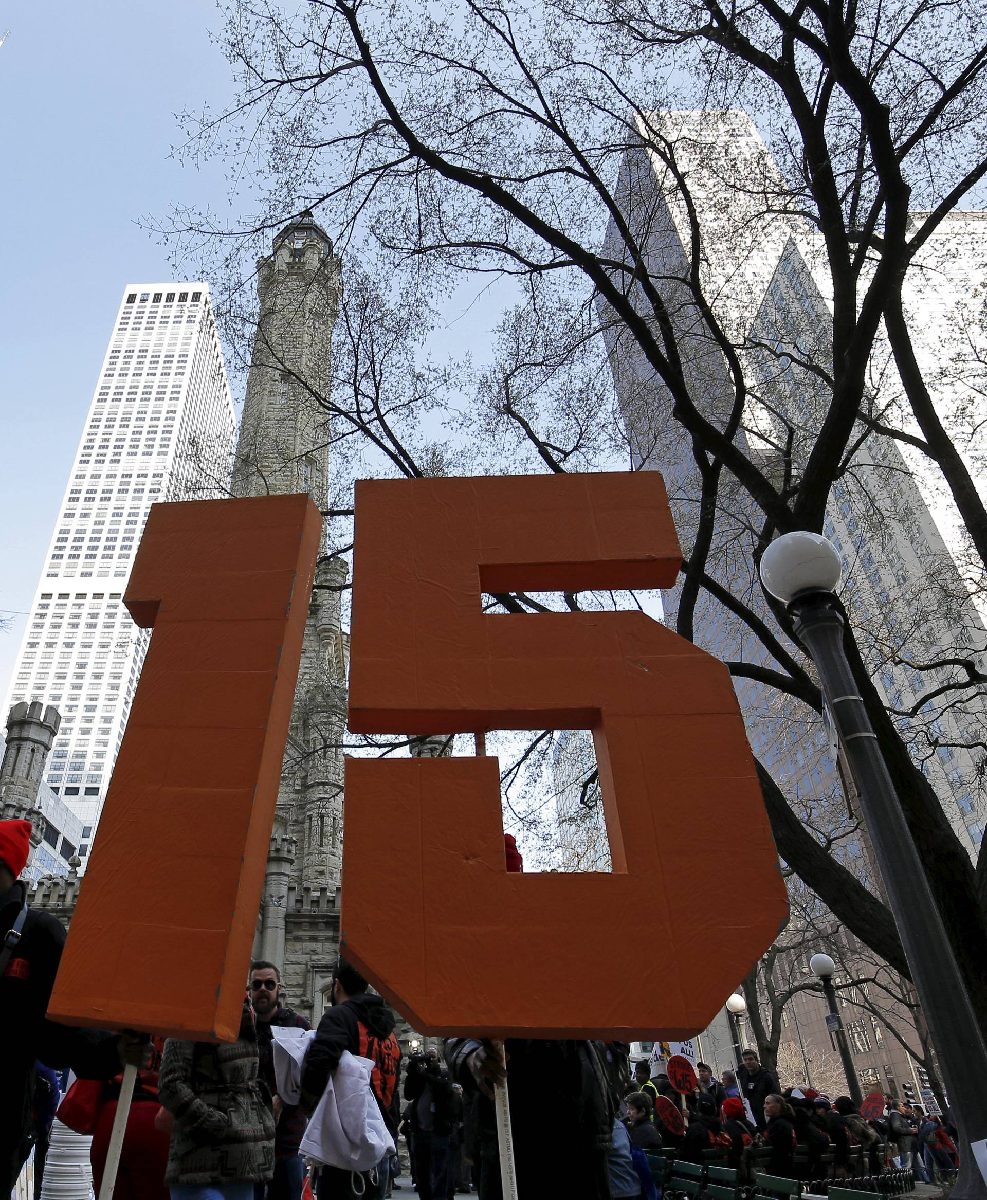 Demonstrators gather for a protest calling for a $15-an-hour nationwide minimum wage in downtown Chicago