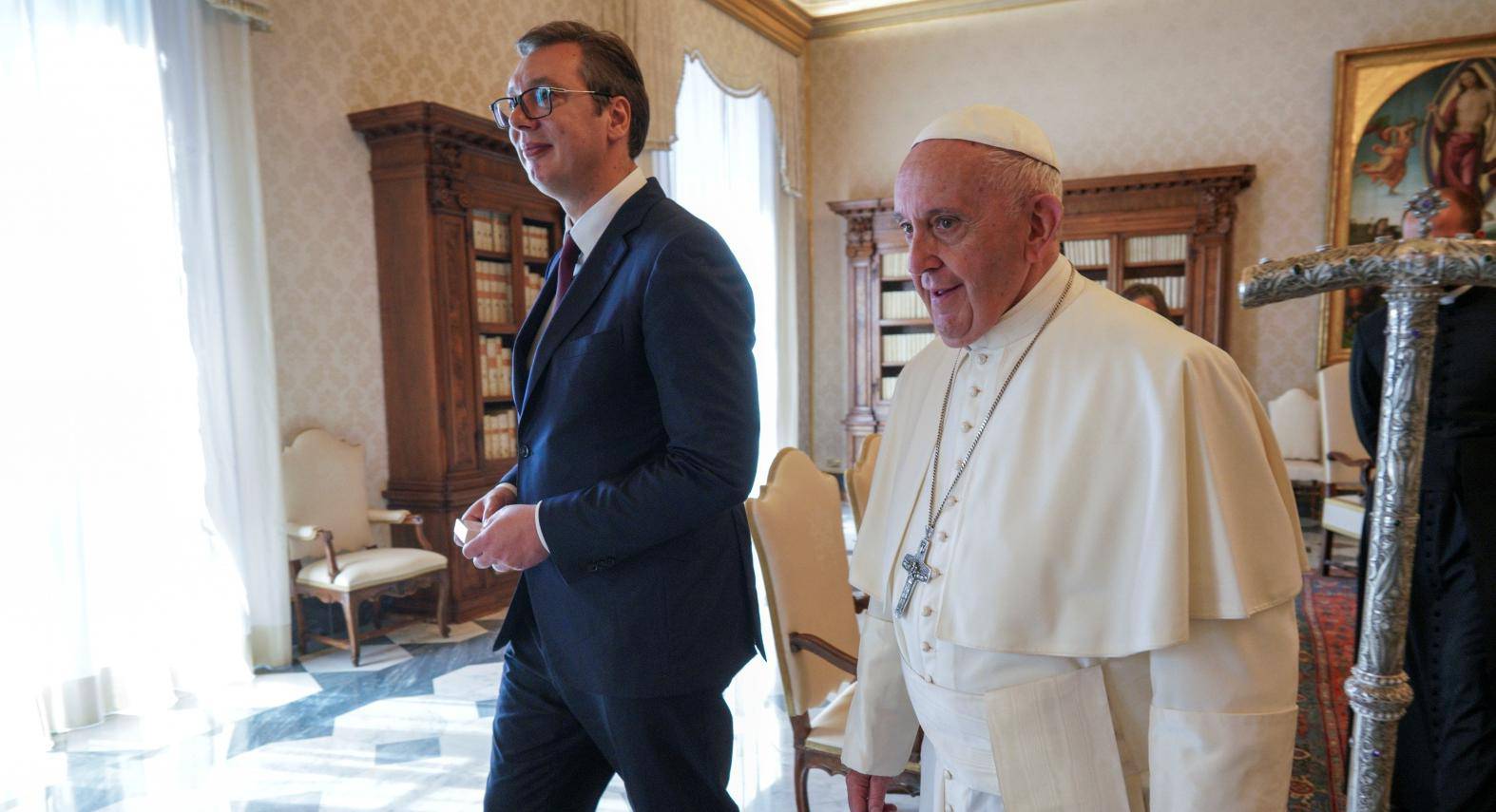 Pope Francis meets with Serbian President Aleksandar Vucic during a private audience at the Vatican