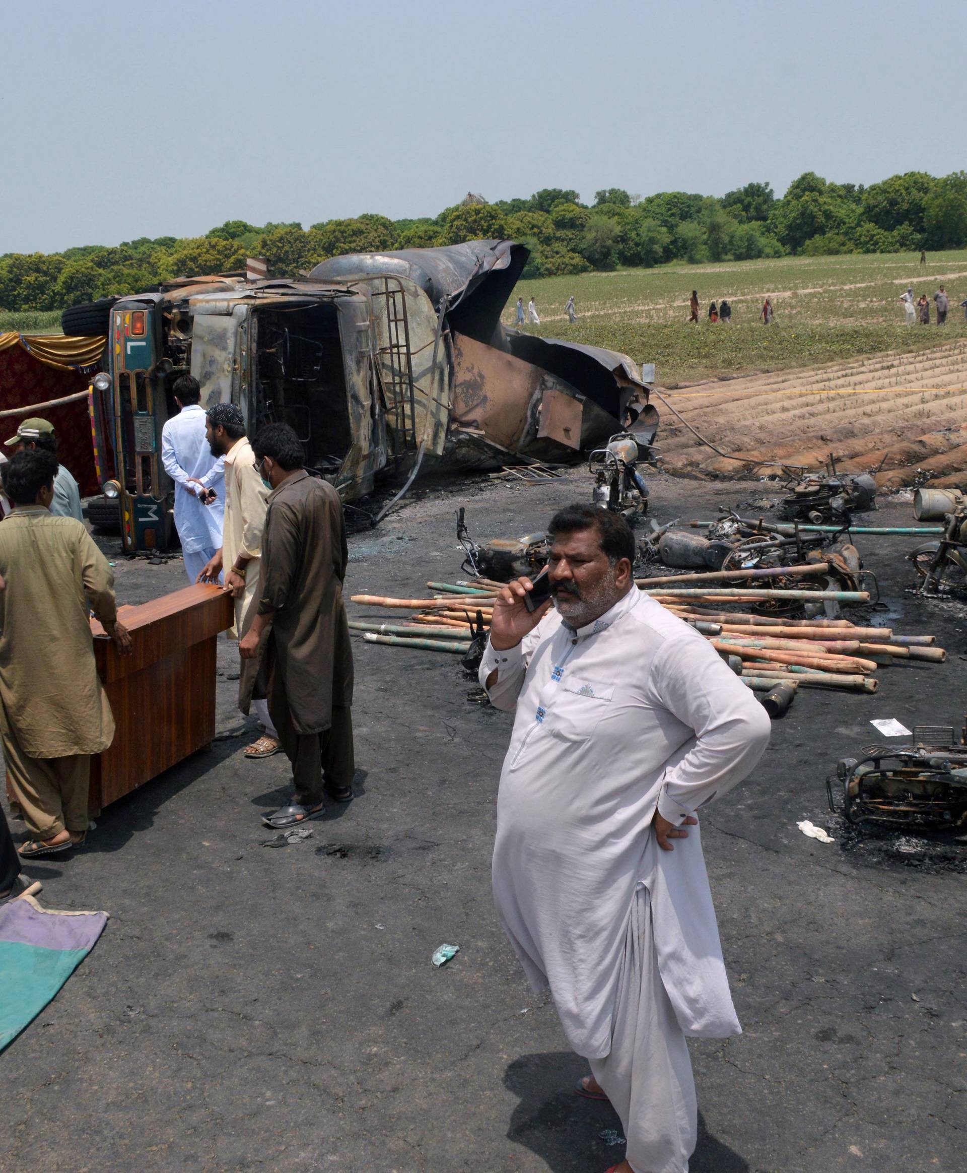 General view of the scene of an oil tanker explosion in Bahawalpur