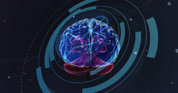 Image of human brain and digital data processing over scope scanning. Global science, artificial intelligence, onnections, computing and data processing concept digitally generated image.
