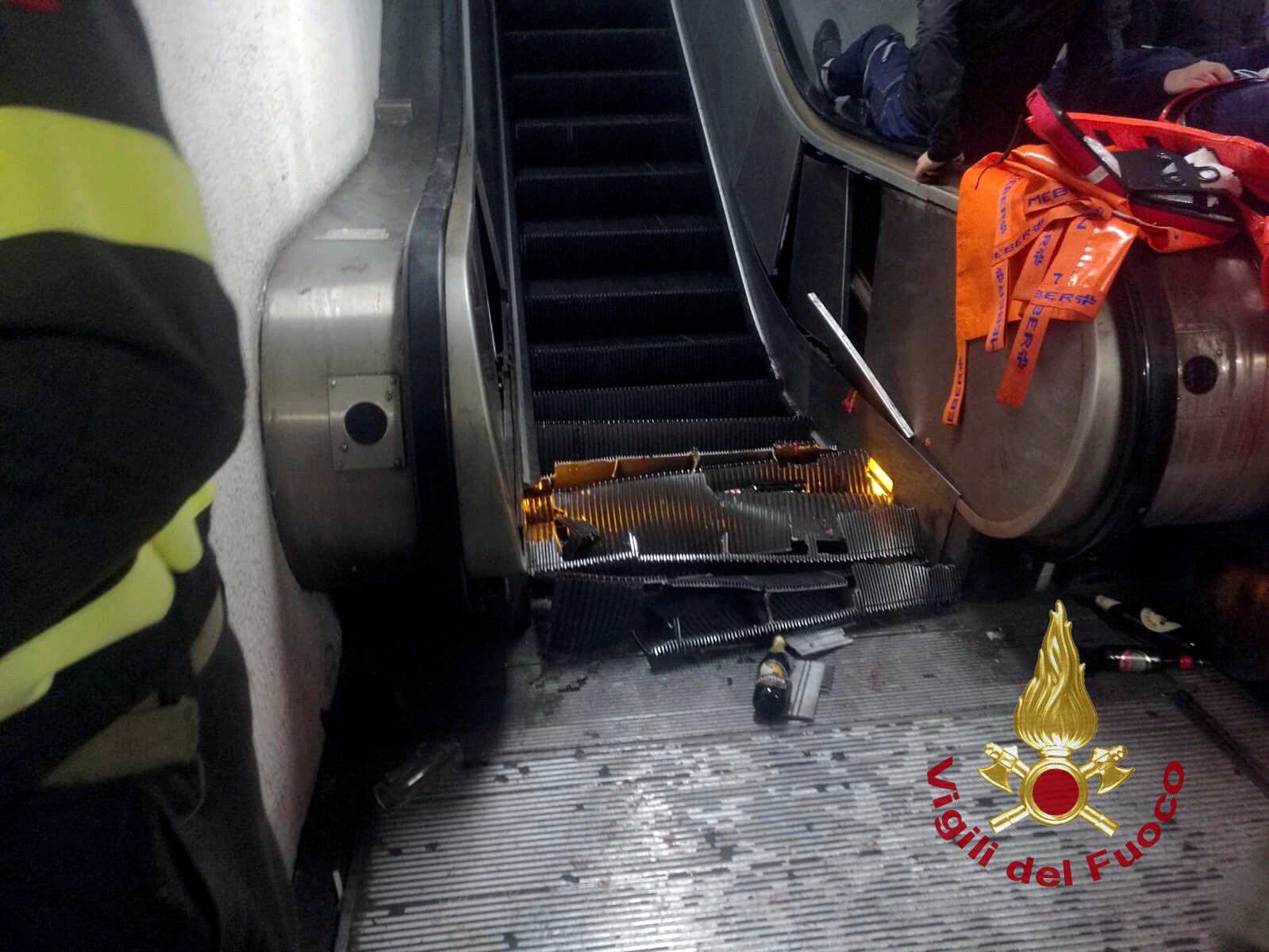 A part of the underground escalator damaged where some of CSKA Moscow supporters were injured in Rome