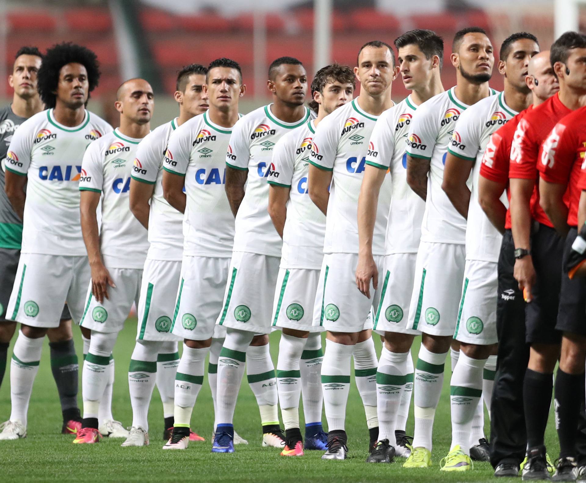Players of Chapecoense soccer team stands before their Brazilian Series A Championship match against America Mineiro in Belo Horizonte