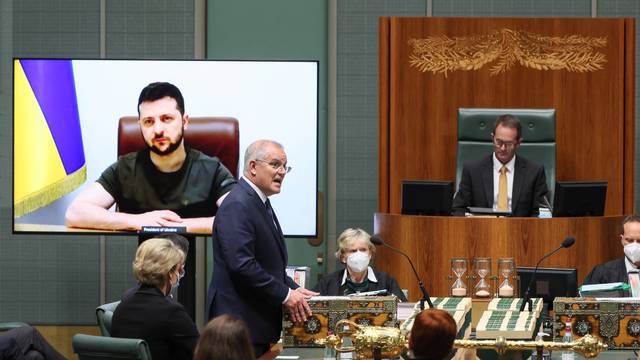 Australian Prime Minister Scott Morrison speaks before an address by Ukrainian President Volodymyr Zelenskiy in the House of Representatives at Parliament House in Canberra