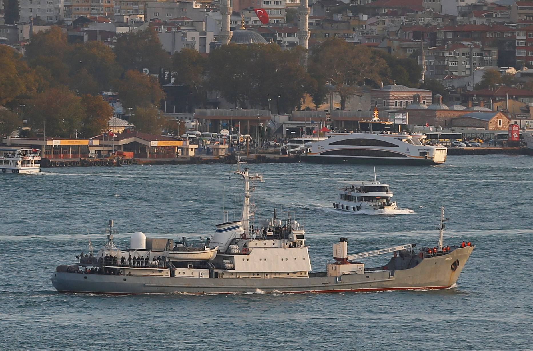 Russian Navy's reconnaissance ship Liman of the Black Sea fleet sails in the Bosphorus, on its way to the Mediterranean Sea, in Istanbul