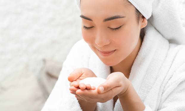 Beautiful,Woman,Inhales,Salt,Air,,Halotherapy.,Salt,Air,Treatment,At