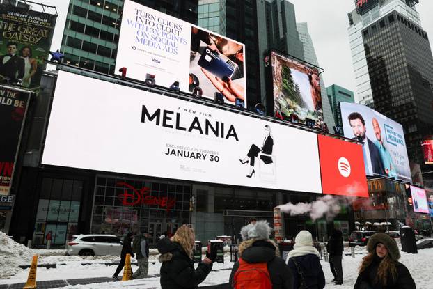 A movie poster featuring first lady Melania Trump is displayed in New York City